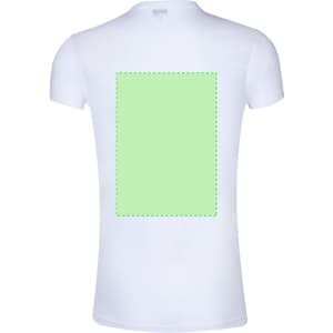 A white adult T-shirt featuring a blank green rectangular area on the back and a small logo on the front.