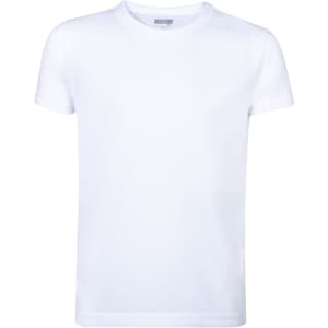 A plain white children's t-shirt with a round neckline and short sleeves, featuring a logo on the label.