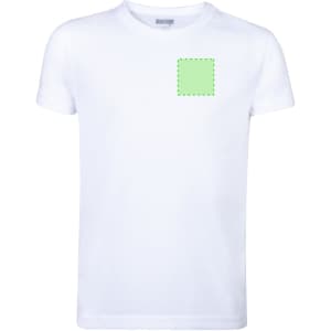 A white kids' t-shirt with a square area marked for printing and a logo on the front.