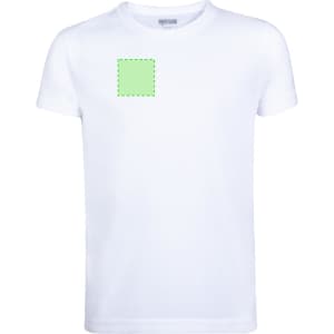 A white kids' t-shirt featuring a square design area on the front. The shirt has a logo on it.
