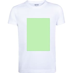A white kids' T-shirt featuring a green design area and a branding logo on the front.
