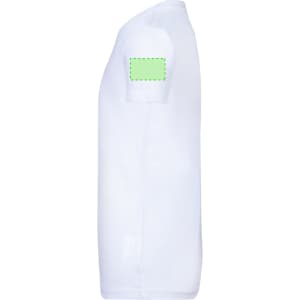 A white kids' t-shirt with a green patch on the sleeve and a plain design. Features a logo on the front.