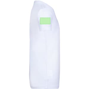 A white kids' t-shirt featuring a green label on the sleeve and a classic fit design.