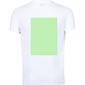 A white kids' T-shirt featuring a plain green rectangle on the back and a logo on the front.