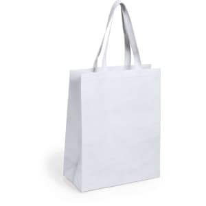 A reusable grocery bag in white with two sturdy handles and a simple design.