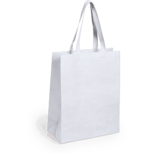 A reusable grocery bag in white with sturdy handles, designed for eco-friendly shopping. It features a logo.