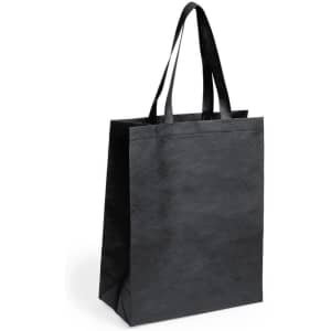 A black reusable grocery bag with two handles, featuring a sturdy design and soft texture. It has a logo on one side.