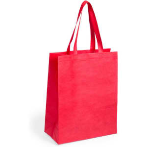 A red reusable grocery bag with sturdy handles and a simple design, featuring a logo.