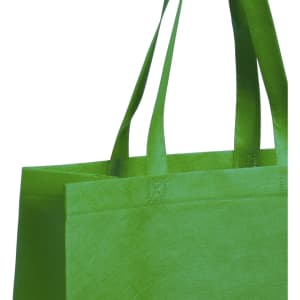 A reusable grocery bag in bright green, featuring two sturdy handles and a simple design.