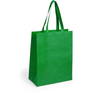 A green reusable grocery bag with two sturdy handles and a simple design, featuring a logo on the side.
