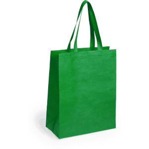A green reusable grocery bag with two sturdy handles and a simple design, featuring a branding logo.