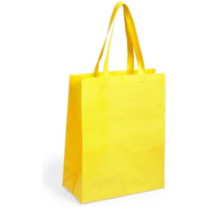 A yellow reusable grocery bag with long handles and a simple design. The bag has no visible logos or text.