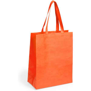 An orange reusable grocery bag with two sturdy handles and a plain design.
