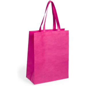 A reusable grocery bag in bright pink with two sturdy handles. It features a simple design and has a logo.