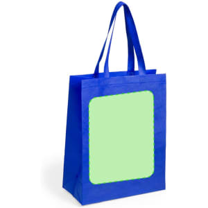 A blue reusable grocery bag with two handles and a green framed blank space on the front.