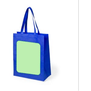 A blue reusable grocery bag with a blank green section and sturdy handles. It features a logo on the front.