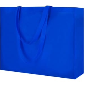 A large blue reusable grocery bag with sturdy handles and a plain design. It features a logo or branding.