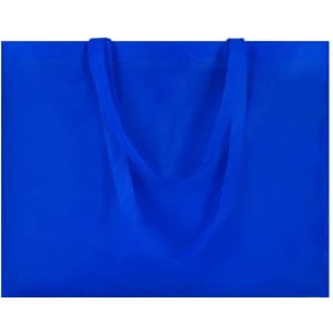 A bright blue reusable grocery bag with two shoulder straps and a plain design. It features a logo.