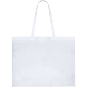 A large, plain white reusable grocery bag with two handles and a simple design. It features a logo on one side.