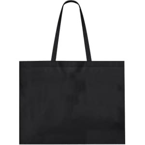 A black reusable grocery bag with two long handles and a simple design, featuring a logo.