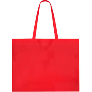 A red reusable grocery bag with two straps and no visible branding.