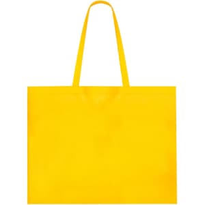 A bright yellow reusable grocery bag with two handles and no visible branding.