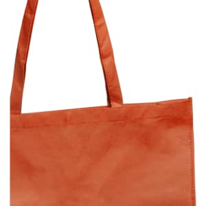 An orange reusable grocery bag with two sturdy handles and a smooth fabric texture.