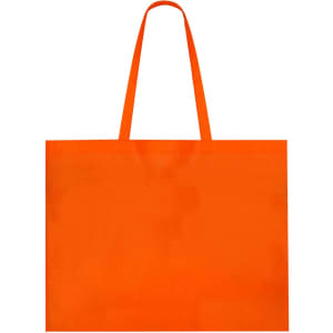 An orange reusable grocery bag with two handles and a simple design. It features a branding logo.