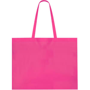 A bright pink reusable grocery bag with two handles and a simple design. It features a branding logo.