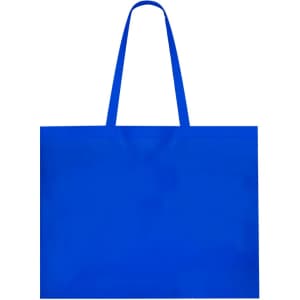 A reusable grocery bag in vibrant blue with two handles and a simple design.