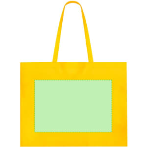 A yellow reusable grocery bag with a large green panel in the centre and two sturdy handles. Contains a logo.