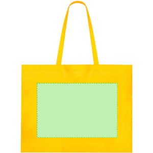 A reusable grocery bag in bright yellow with a green rectangular area, featuring handles for easy carrying.