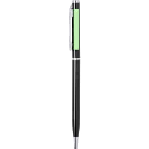 A metal pen in black with a green accent and a silver clip, featuring a branding logo.