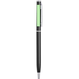 A metal pen featuring a black body with a green accent and a clip, designed for writing.