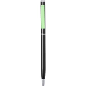 A metal pen featuring a black body with a green accent and a silver clip, along with branding.
