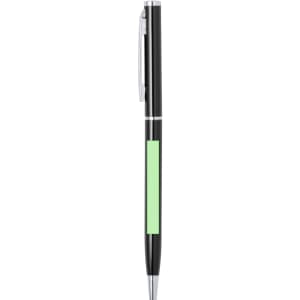 A metal pen with a black body and silver accents, featuring a green section on its side.