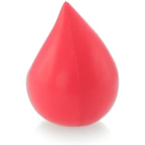 A red, teardrop-shaped stress ball with a smooth finish, featuring a branding logo.