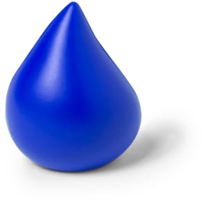 A blue stress shape designed in a droplet form, featuring a smooth, glossy finish. It has a branding logo on one side.