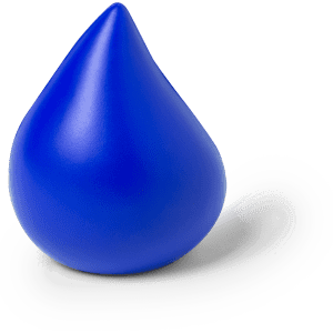 A blue, teardrop-shaped stress relief toy with a smooth texture and a slight sheen. It features a logo.