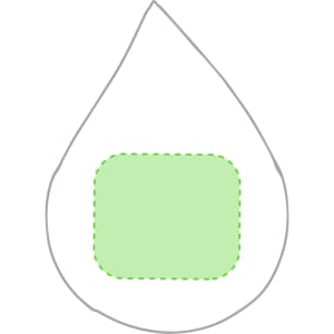 A teardrop-shaped stress relief toy in white with a light green centre and a simple outline. It features a logo.