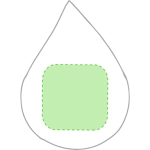 A teardrop-shaped stress relief toy in white with a light green square in the centre, featuring a dashed outline.