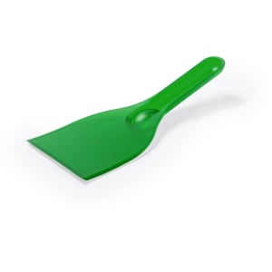 A green ice scraper with a flat blade and a comfortable handle, featuring a logo on the handle.
