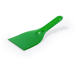 A green ice scraper with a flat blade and a handle, designed for removing ice or snow from surfaces.