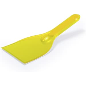 A bright yellow ice scraper with a wide, flat blade and a comfortable handle. It features a minimalist design.