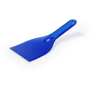 A blue ice scraper with a flat blade and a comfortable handle, suitable for removing ice from surfaces.