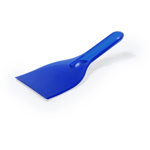A blue ice scraper with a flat edge and a handle, designed for removing ice from surfaces.
