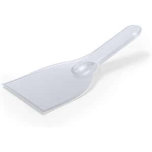 A clear ice scraper with a flat, wide blade and a sturdy handle. The product features a simple design.