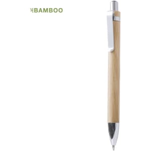 A bamboo pen with a silver clip and tip, showcasing a natural wooden finish. It features a sleek design.
