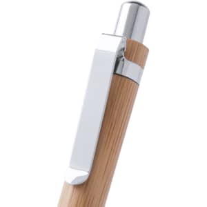A wooden pen with a shiny chrome clip, featuring a light natural wood finish. It includes a logo near the top.