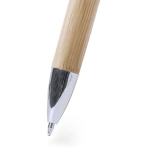 A wooden pen with a natural bamboo finish and a shiny silver tip, featuring a logo on the barrel.